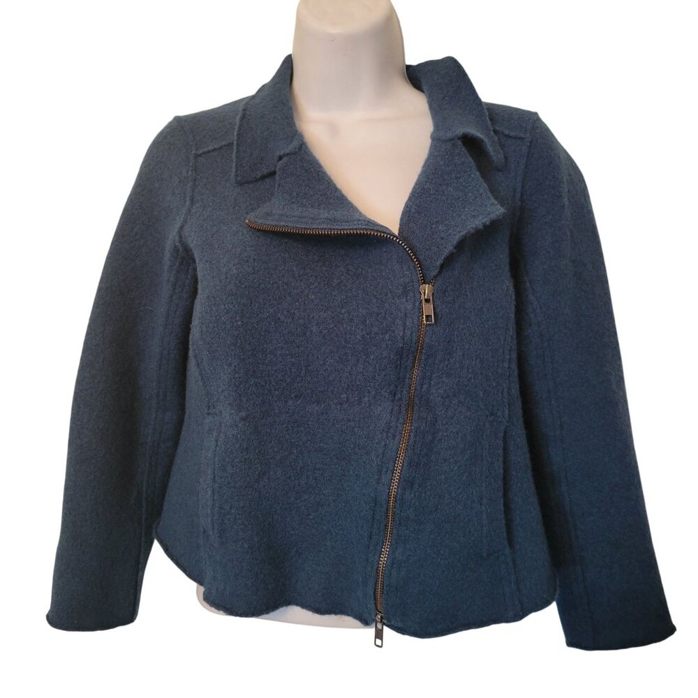 Eileen Fisher‎ Blue Boiled Wool Asymmetrical Zip Moto Jacket PM